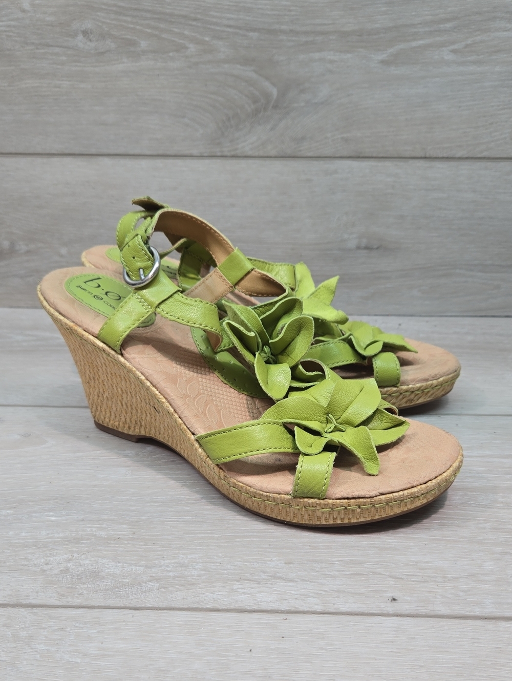 Born Green Floral Leather Wedge Sandals